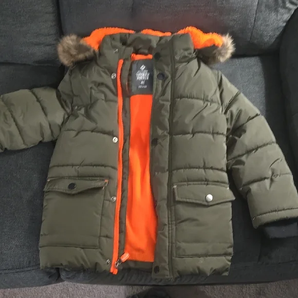 Toddler Olive Green Puffer Jacket with Orange Lining - Picture 1 of 3